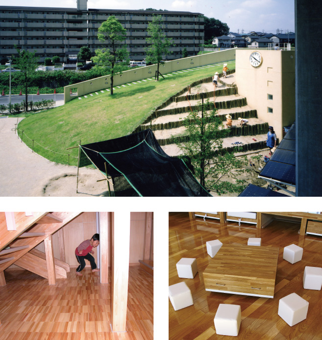 上/築山階段　左下/建築化されたすべり台　右下/動かせる家具
